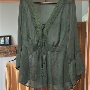 Torrid Green Bell Sleeve Blouse with Tie Front